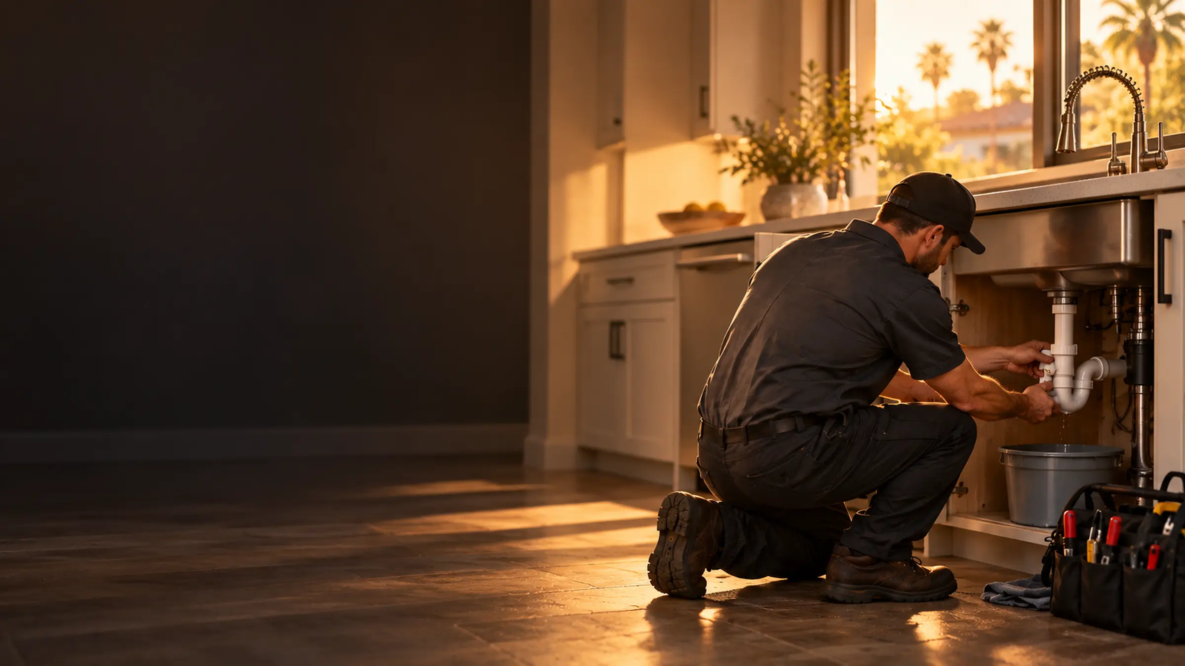 A plumber loosening the trap under a kitchen sink