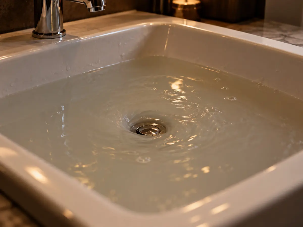 Cloudy water sitting in a bathroom sink, draining slowly