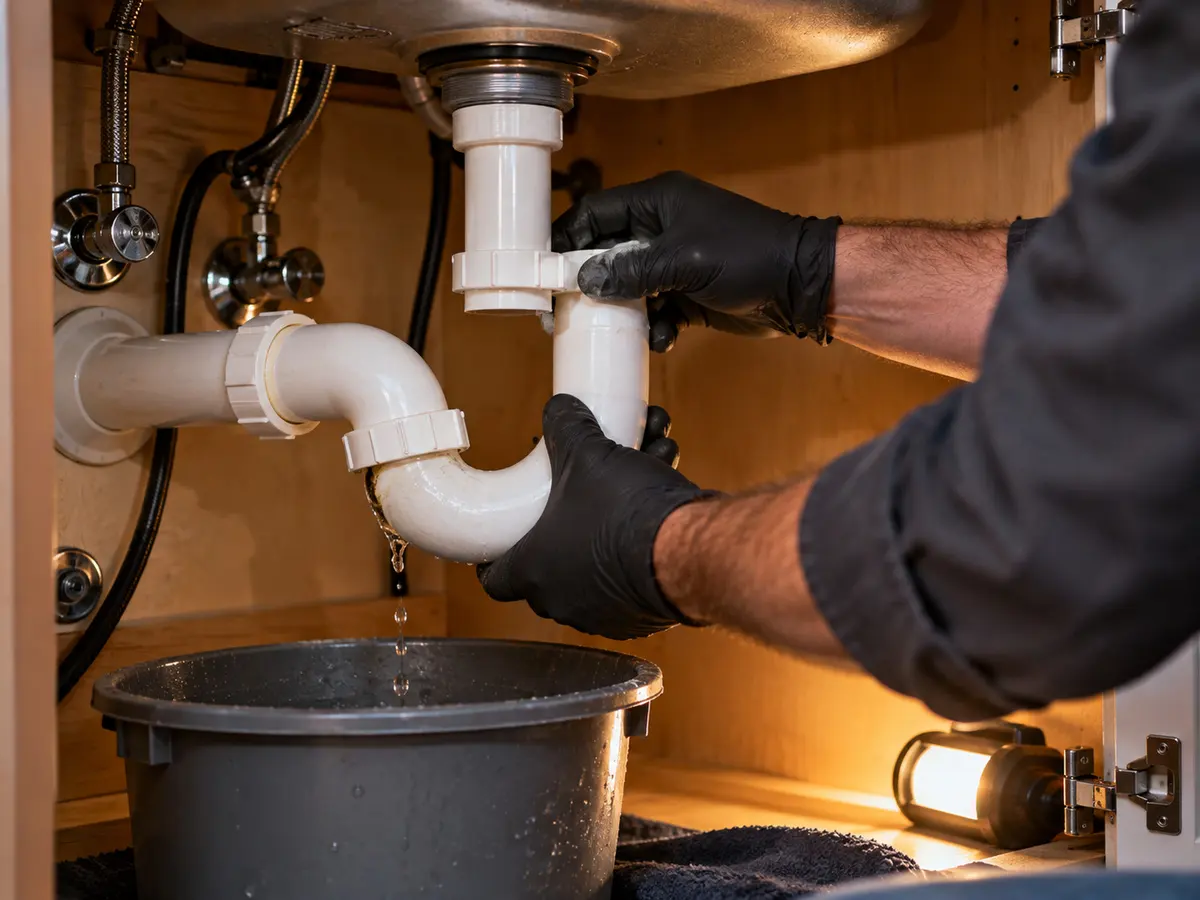 Gloved hands taking apart the trap under a sink, a bucket catching the water