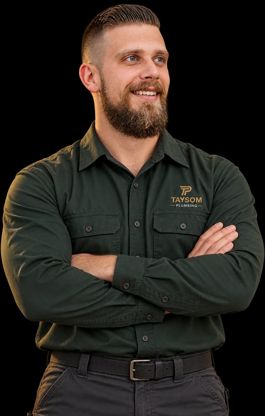 Eric Taysom in a Taysom Plumbing work shirt, arms crossed, smiling