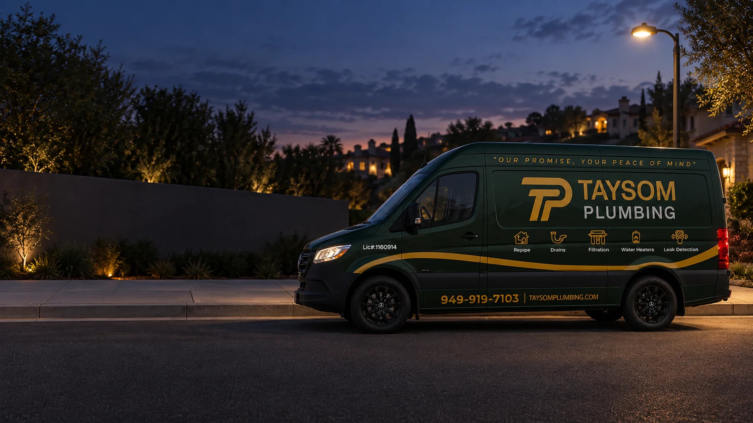 The Taysom Plumbing van parked on a quiet Orange County street at dusk