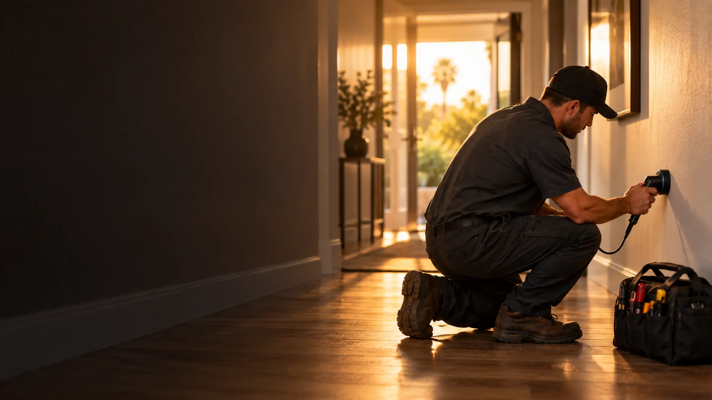 A plumber holding a leak detector to a hallway wall