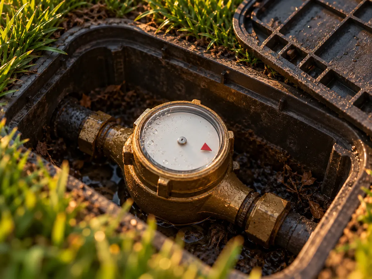 An open water meter box in a lawn, the brass meter and its leak indicator