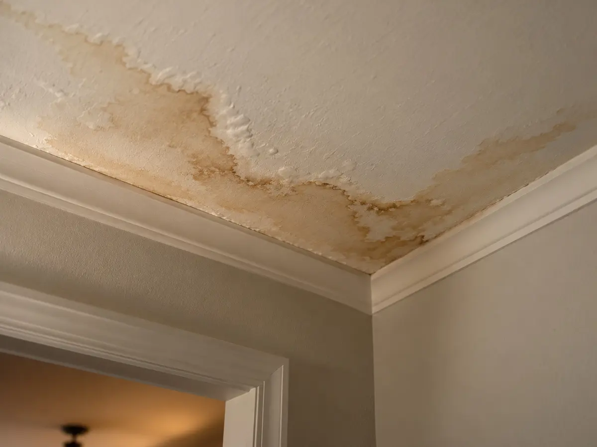 A brown water stain spreading across a ceiling corner, the paint bubbling