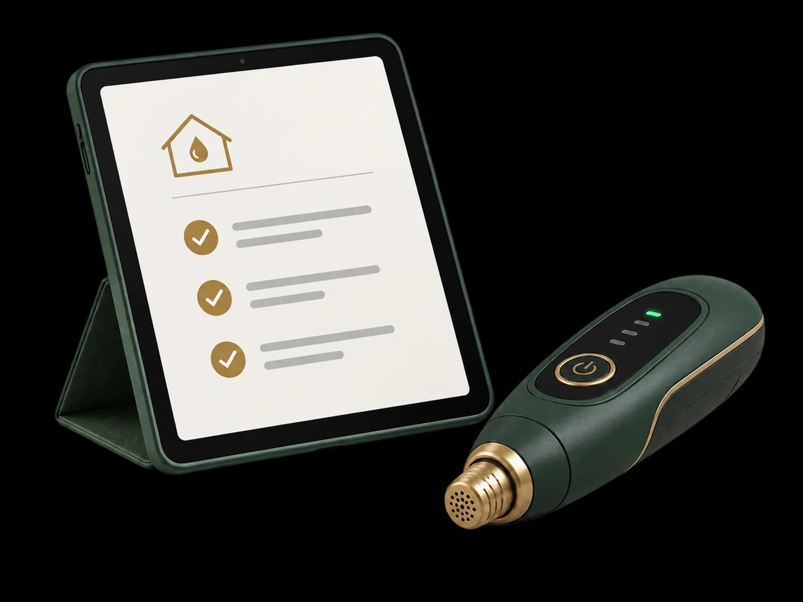A tablet showing a checked-off estimate, next to a handheld leak detector