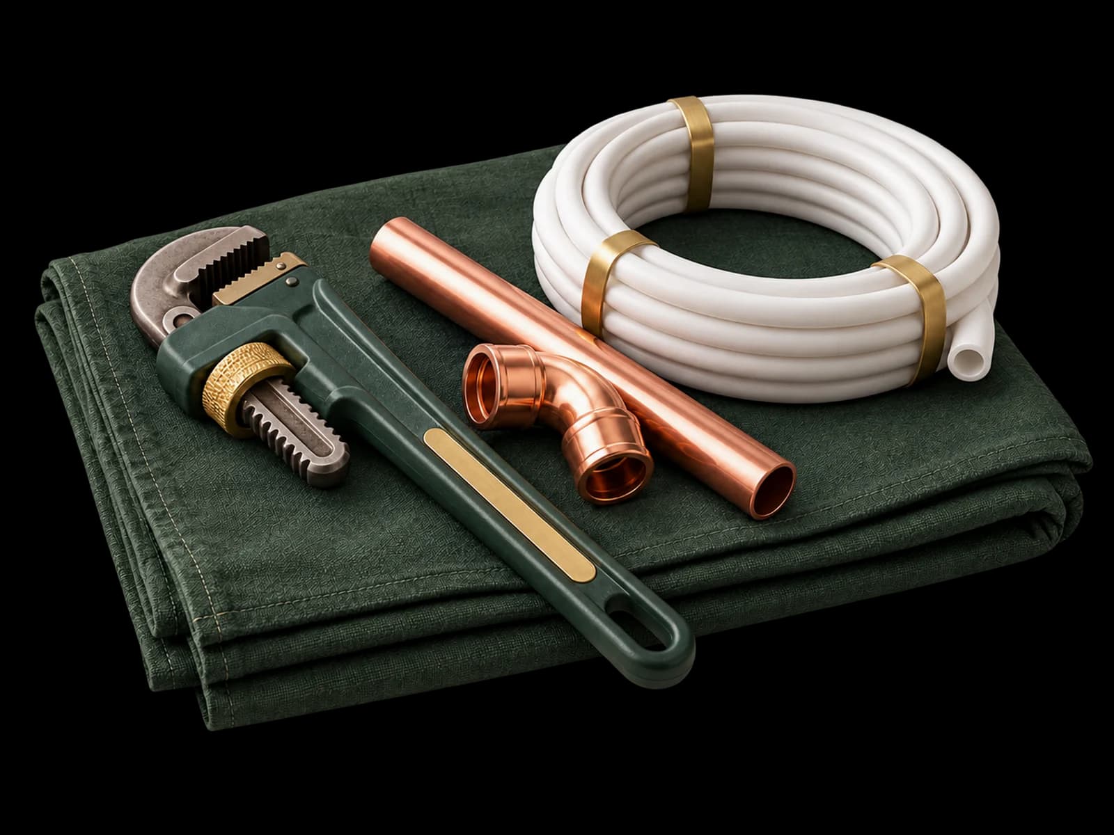 A pipe wrench, copper pipe and fitting, and a coil of PEX tubing on a folded drop cloth