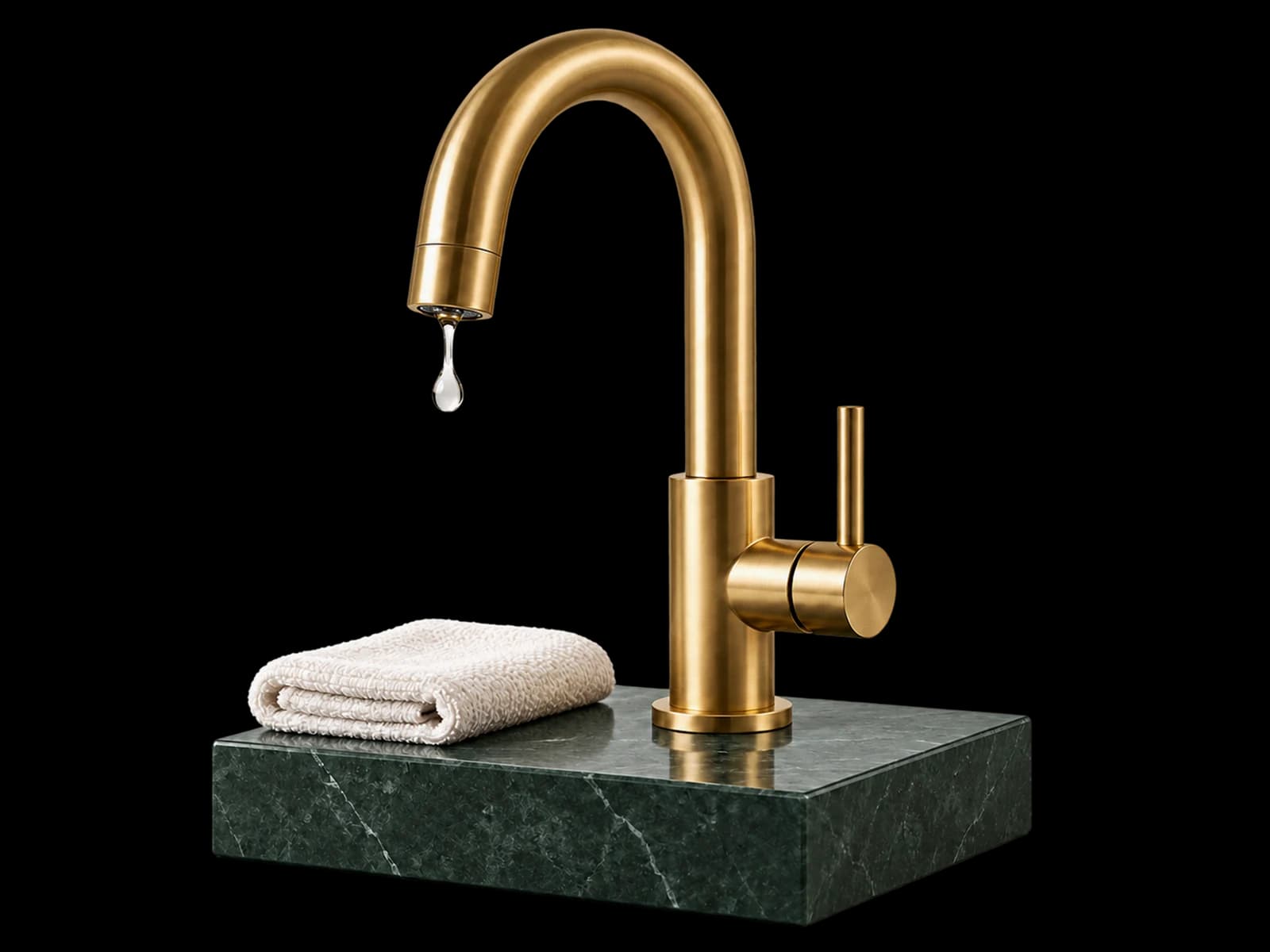 A new brushed-gold faucet with a single water drop, beside a folded towel
