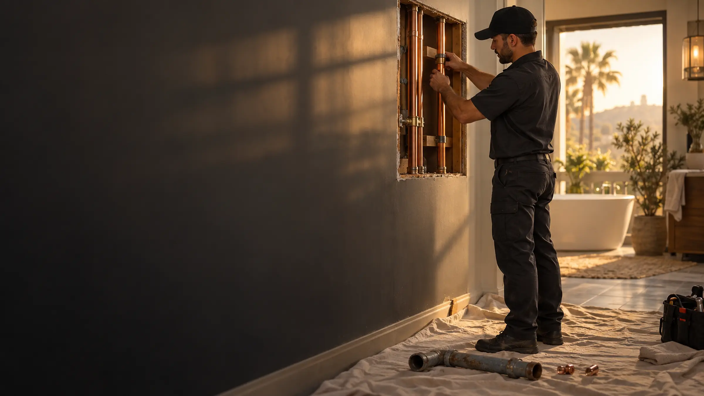 A plumber fitting new copper lines in an opened wall, the old pipe on a drop cloth