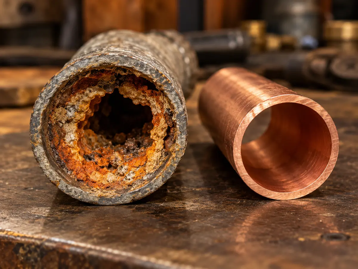 An old galvanized pipe cut open and choked with rust, beside a new length of copper