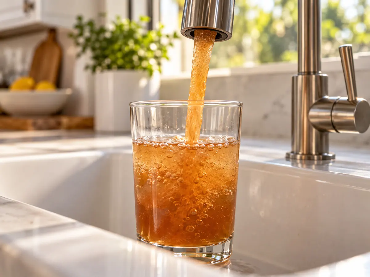 Rusty, brown water pouring from a kitchen tap into a glass
