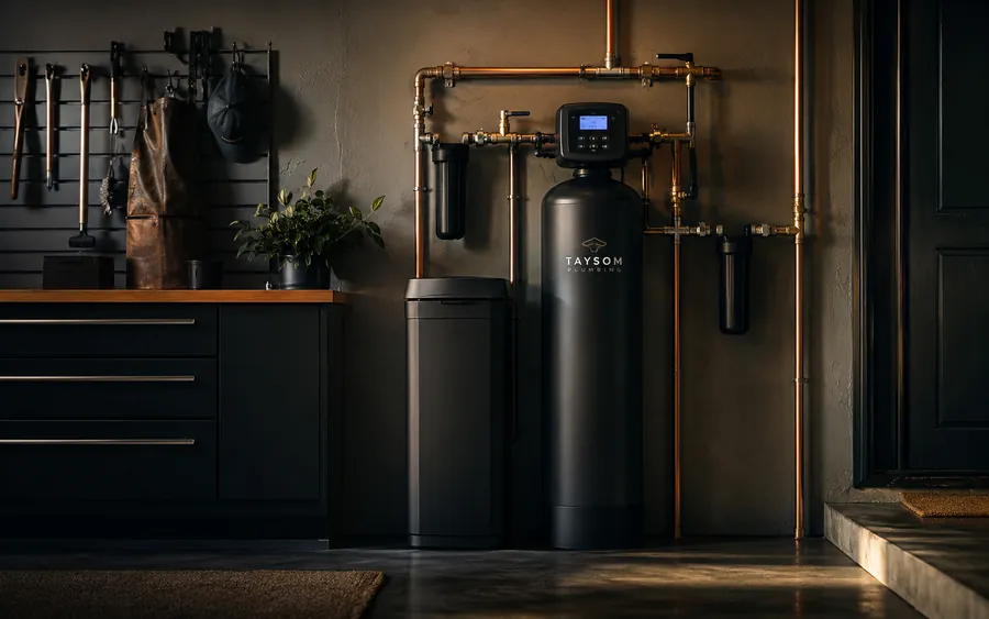 A Taysom plumber installing a whole-home water filtration and softener system