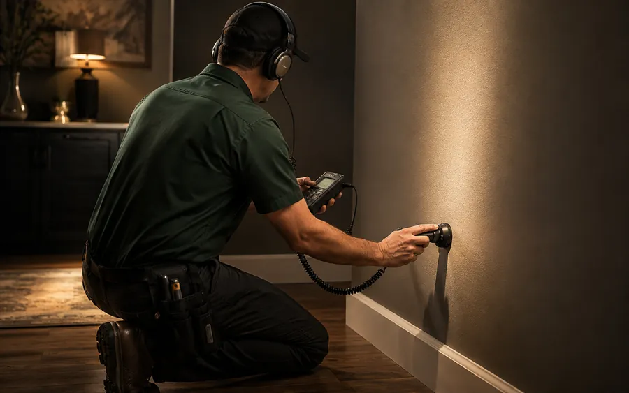 A Taysom plumber using an electronic leak detector against an interior wall