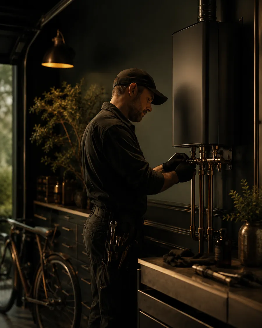 Two Taysom plumbers servicing a residential water heater