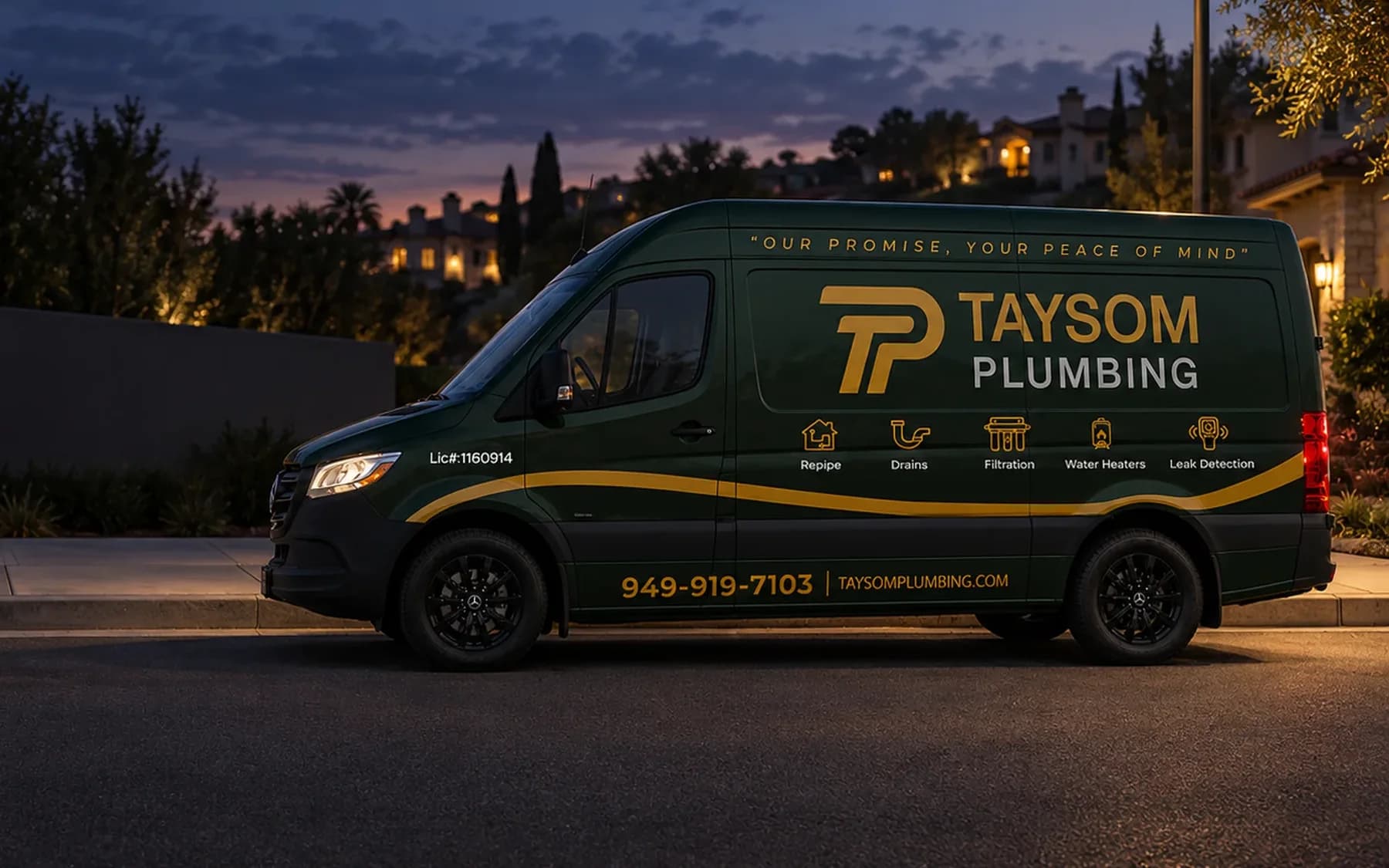 The dark green Taysom Plumbing van with the gold TP monogram, parked on a quiet Orange County street at dusk