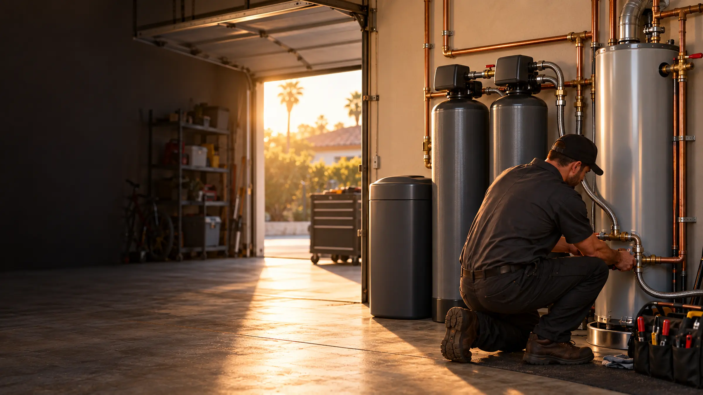 A plumber connecting a new softener and filter system beside the water heater in a garage