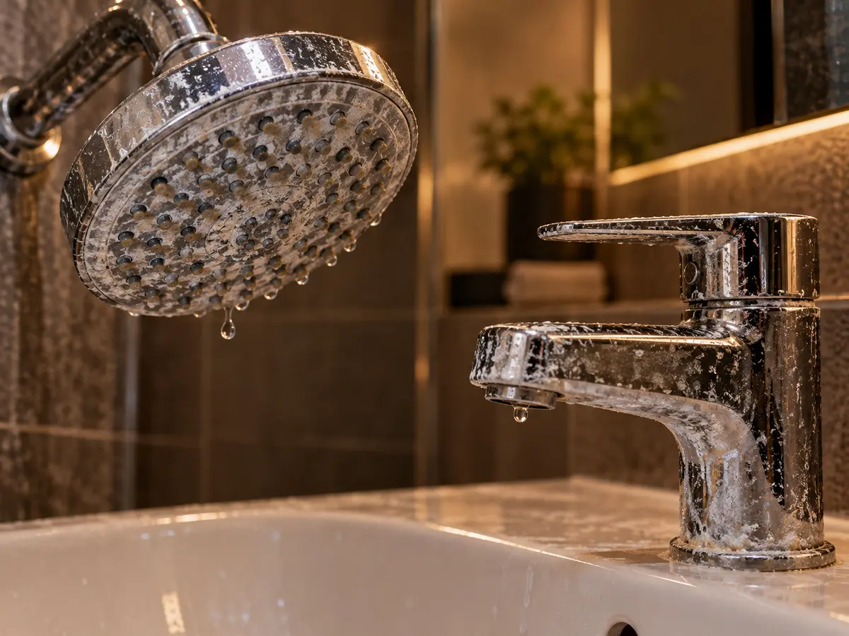 A showerhead and tap crusted with white hard-water scale