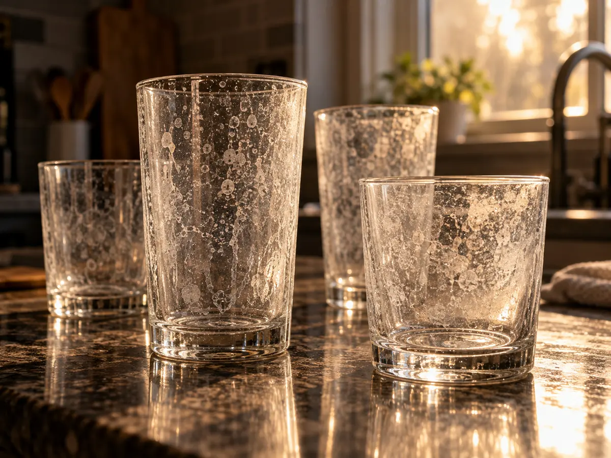 Drinking glasses clouded with hard-water spots in the kitchen light