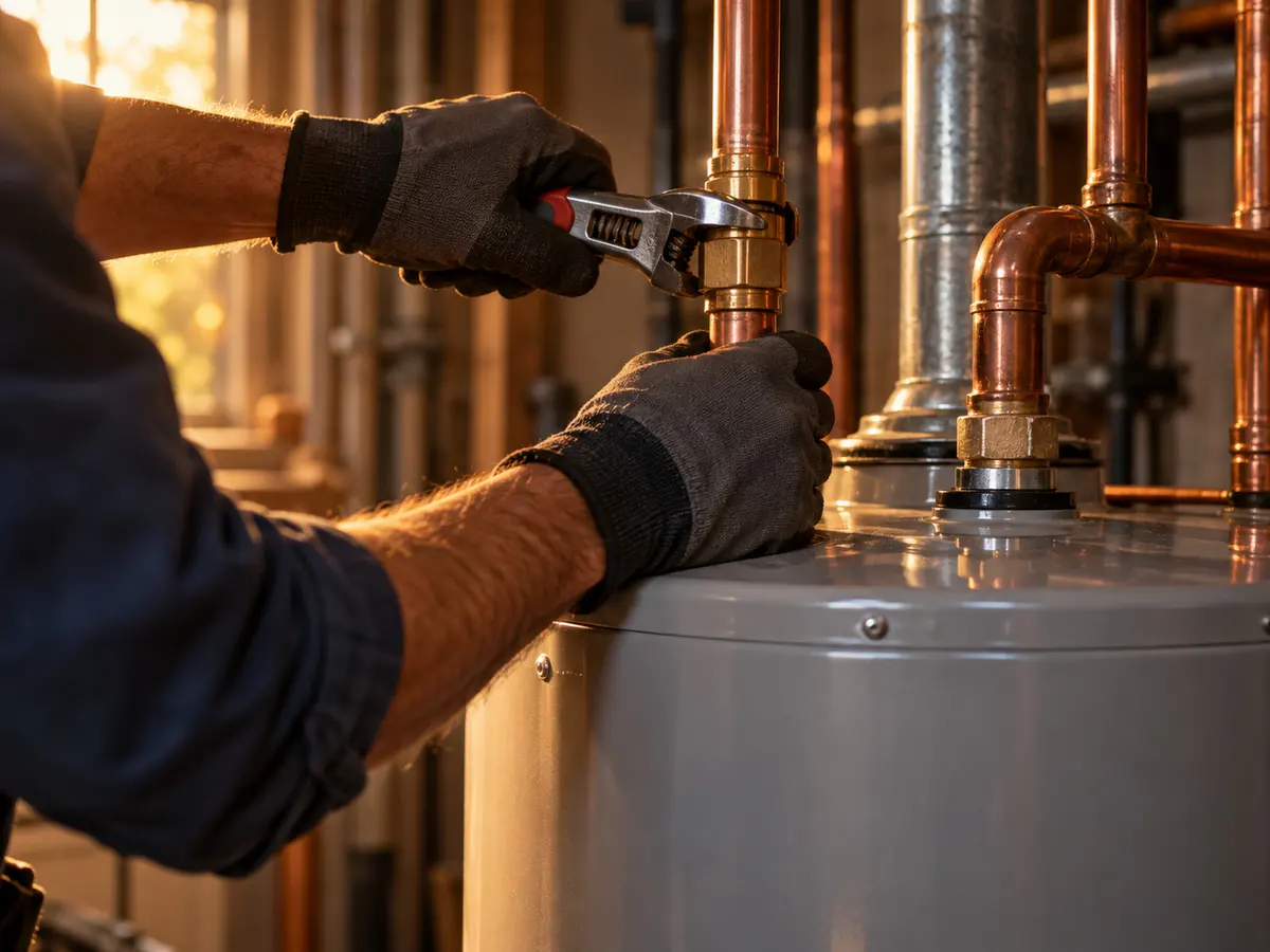 Gloved hands tightening a copper fitting on top of a new water heater