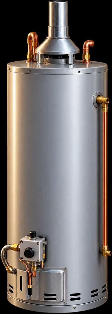 A gas tank water heater with its flue and gas valve