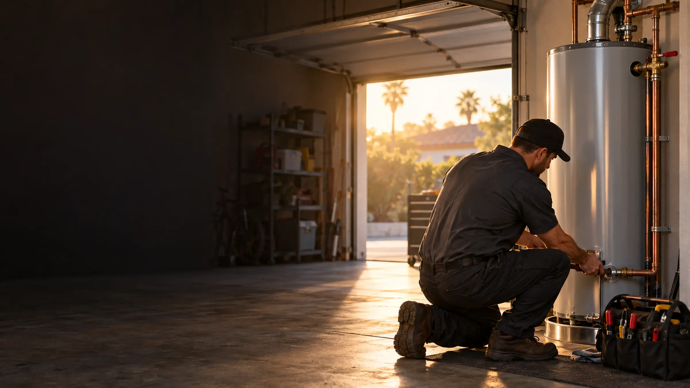 A plumber fitting a new tank water heater in a garage